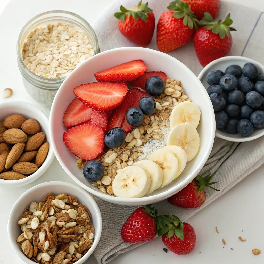 A healthy breakfast spread with fruits and cereals